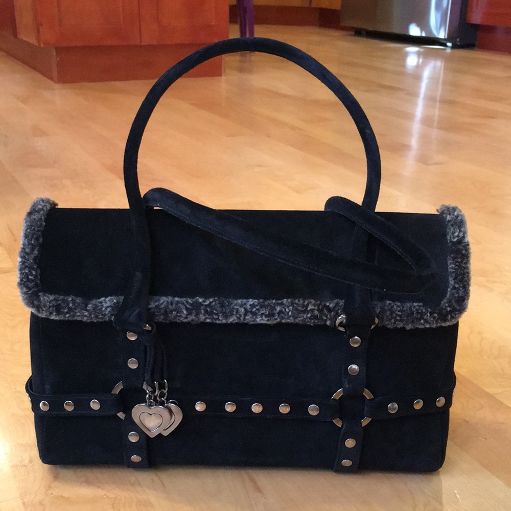 STUART WEITZMAN | Black Suede Harness Shoulder Bag With Shearling Trim